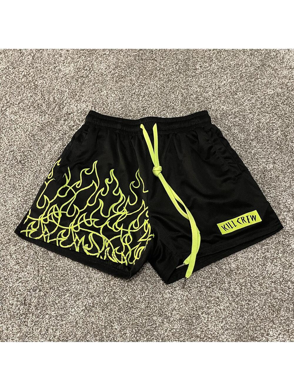 Kill Crew Flame Mesh Athletic Shorts Black Neon Yellow Size Large Gym Streetwear